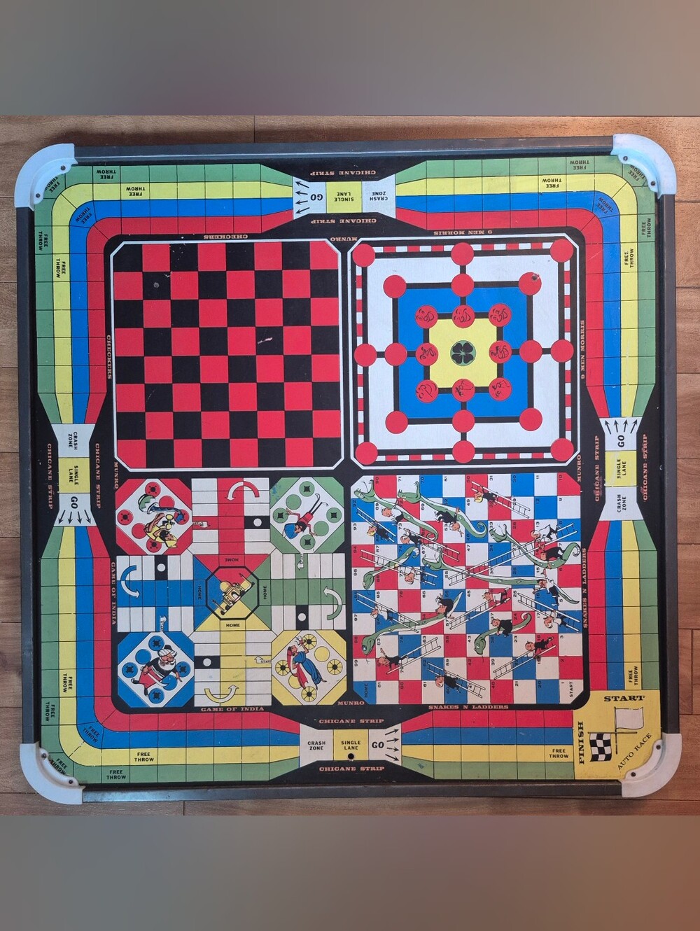 Vintage 1960s Munro Game Board #872 Crokinole Checkers Snakes Ladders Backgammon